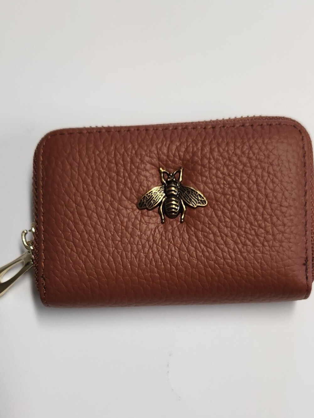 Brown Leather Zip Wallet with Decorative Bee Accent